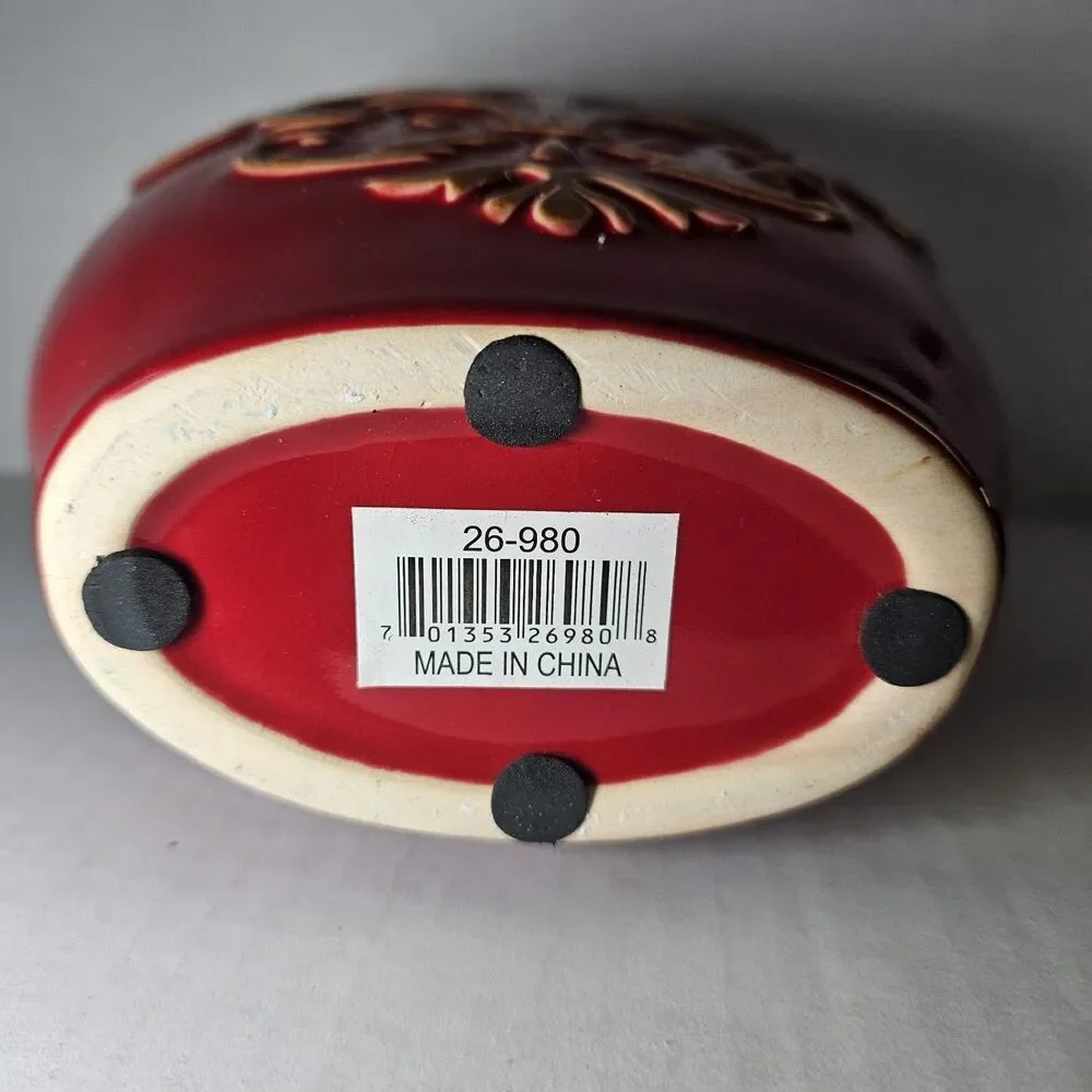 Short Red Embossed Vase Ceramic Fleur De Lis Traditional